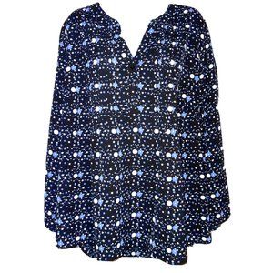 NY COLLECTION 2X Black w/ Blue & White Dots Long Sleeve Textured Chiffon Blouse